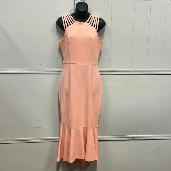 Women’s PRETTY GARDEN  Elegant Midi Bodycon Dress Ruffle Hem Medium Pink NWT - Picture 2 of 6